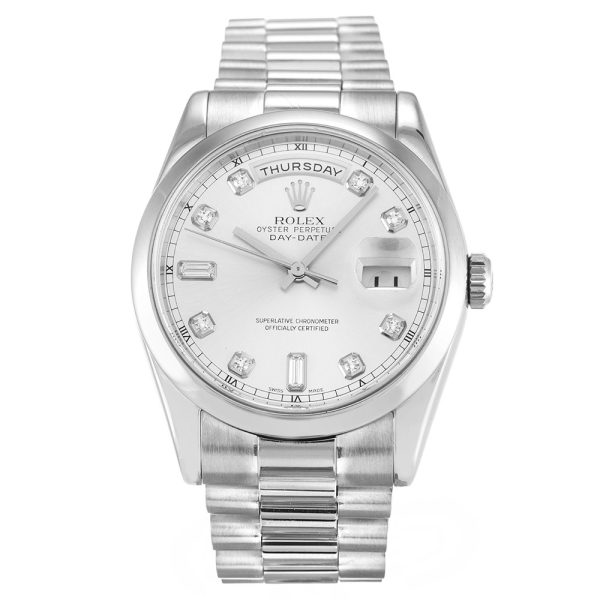 Rolex Day-Date 118209 Mens 36 MM Automatic Silver Diamond Steel Watch
